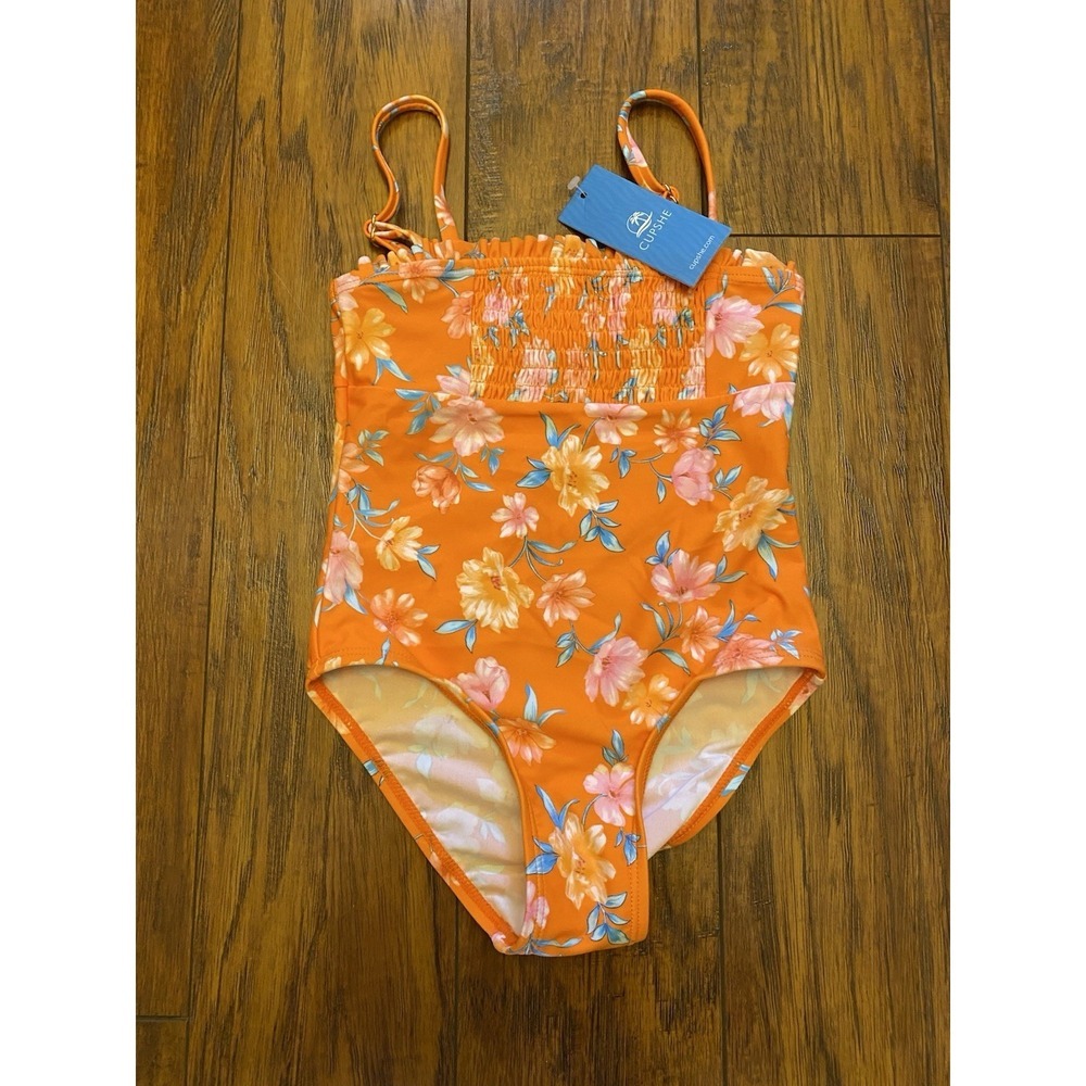 NWT Cupshe Bathing Suit Swimsuit Girls One Piece Orange Floral Ruched Size 4